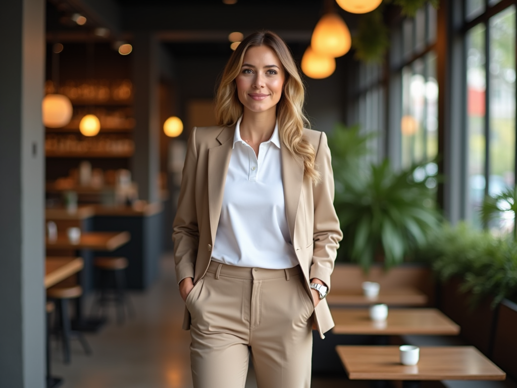 Confident businesswoman in beige suit standing in a modern cafe.