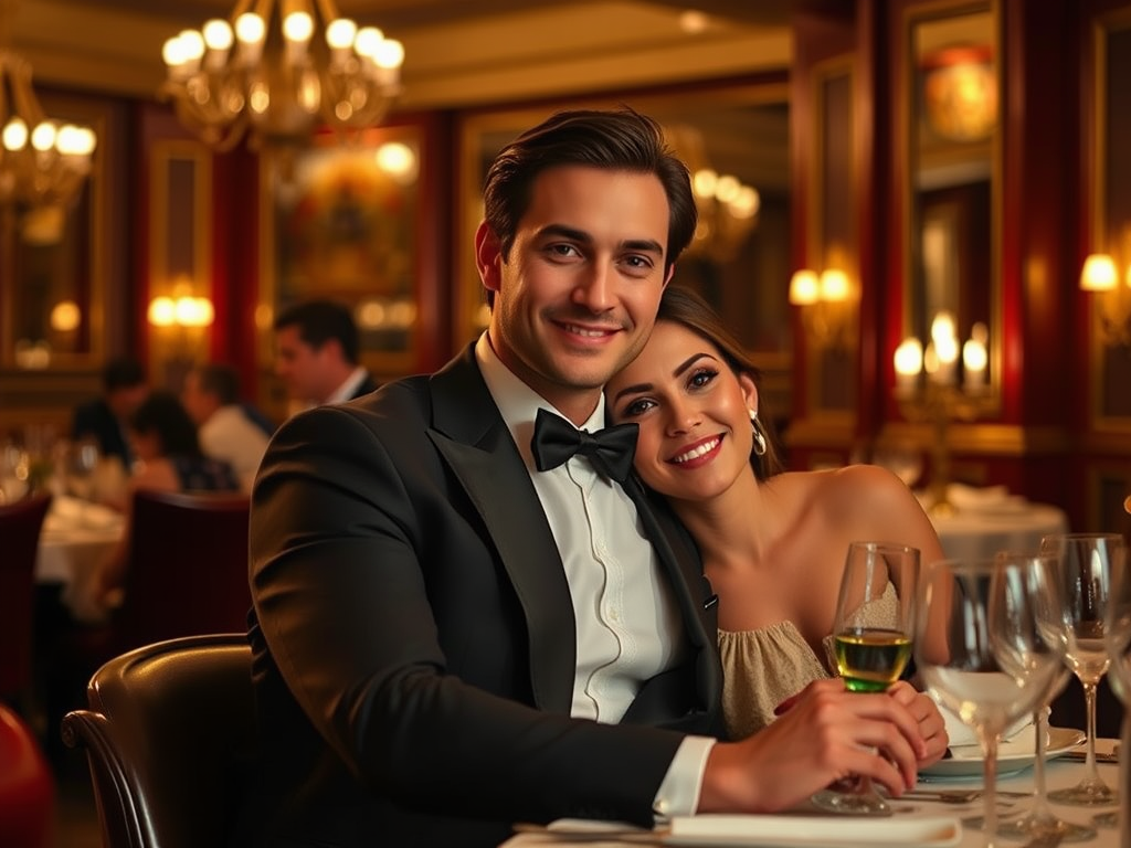 A smiling couple in formal attire enjoys a romantic dinner in an elegant restaurant. Soft lighting and ambience create warmth.