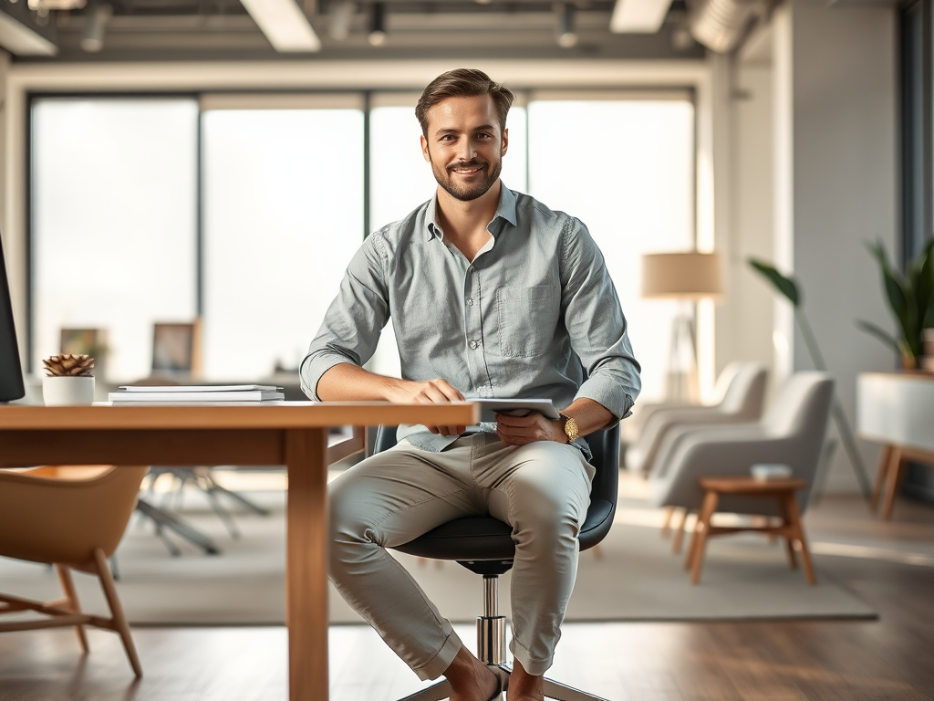 A smiling man in a casual shirt sits at a desk in a modern office, holding a tablet, with large windows in the background.