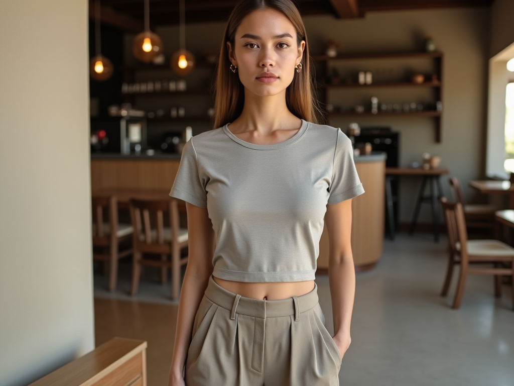 Young woman in casual outfit standing confidently in a modern cafe setting.