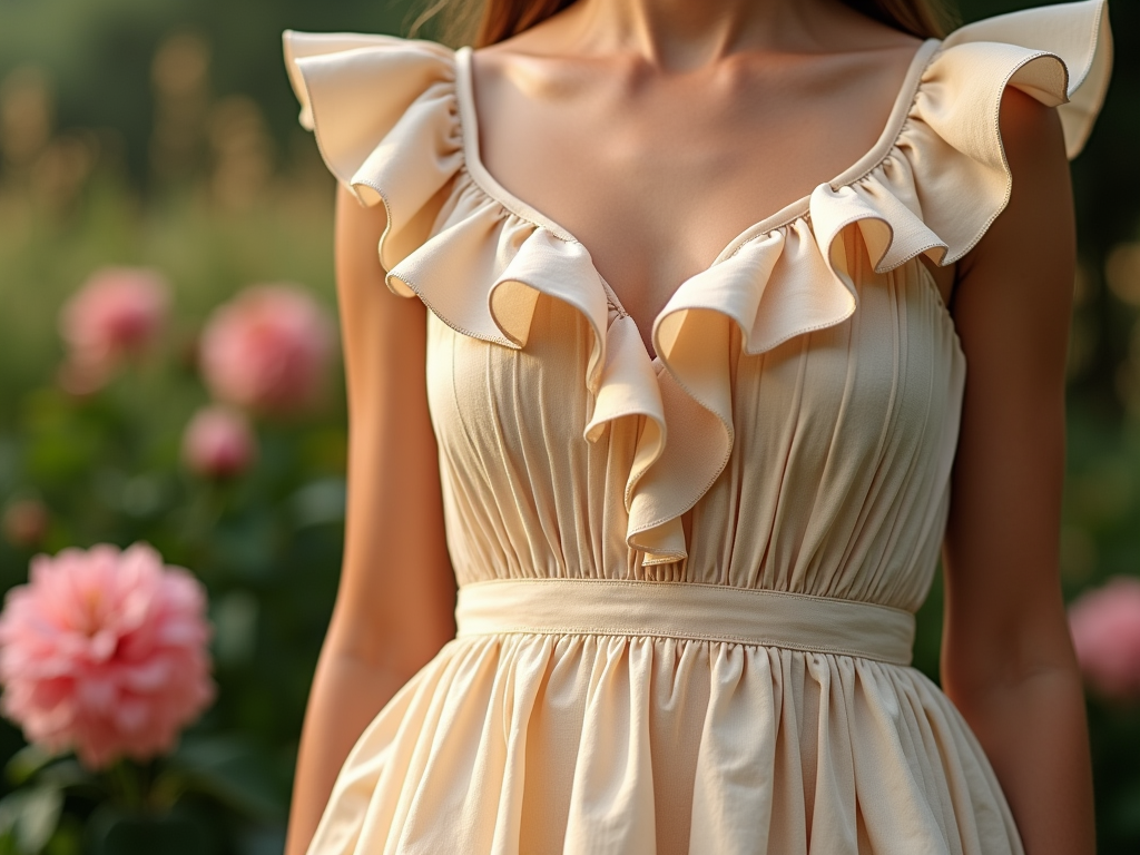 Close-up of a woman wearing a ruffled cream dress, with a background of pink flowers.