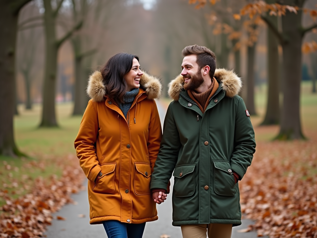 Couple in winter jackets holding hands joyfully walking in a park.