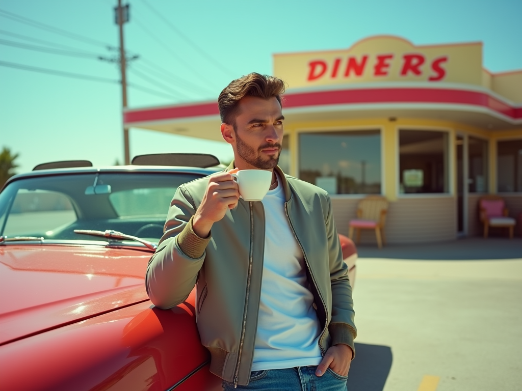 Man leaning on a red convertible, sipping coffee outside a retro diner.