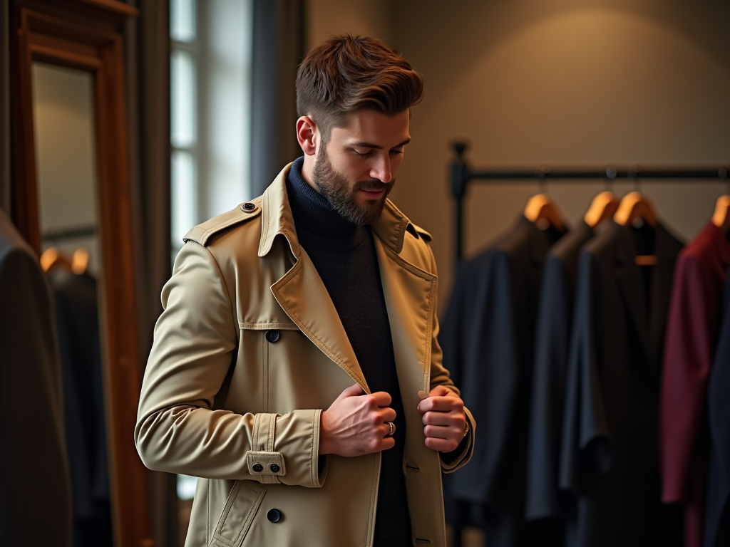 Man buttoning up a beige trench coat in a stylish boutique, with clothes racks in the background.