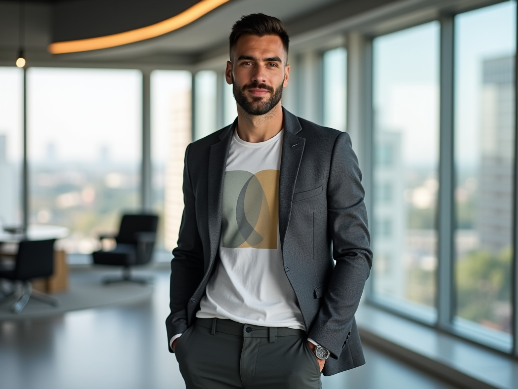 Confident man in a modern office, wearing a blazer and printed t-shirt, with cityscape in background.