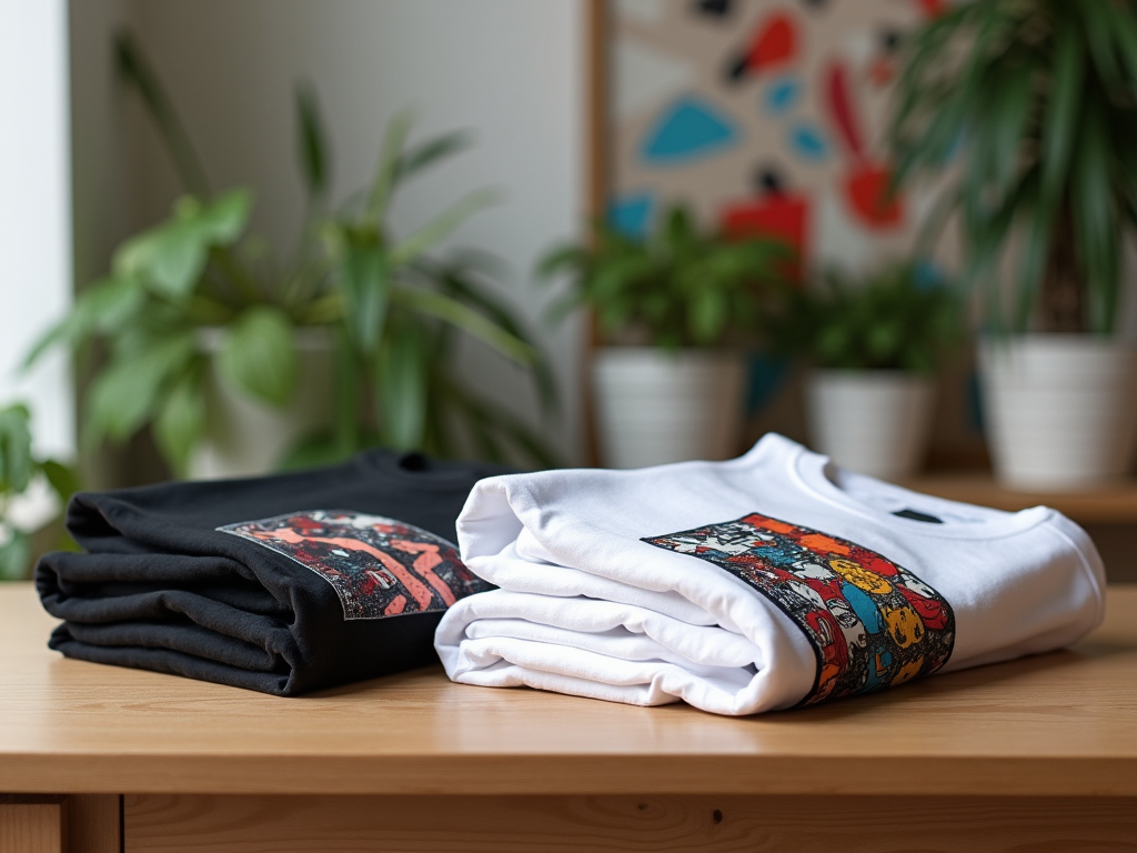 Stacked black and white t-shirts with colorful prints on a wooden table, green plants in the background.