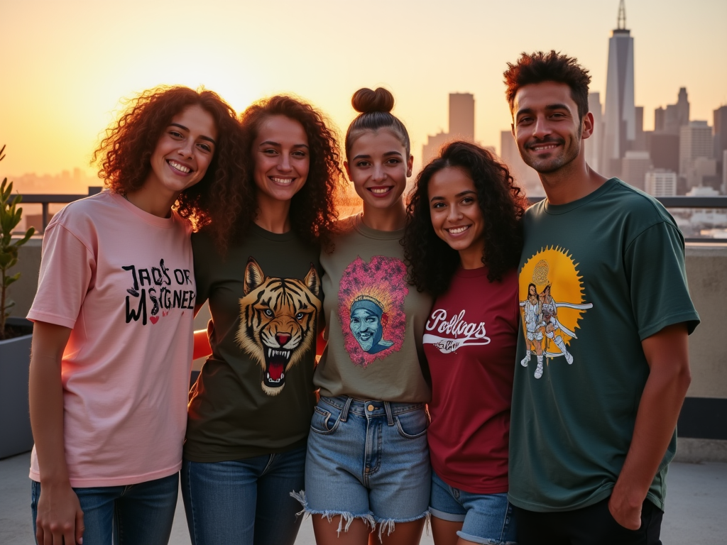 Five friends posing together on a rooftop at sunset, with city skyline in the background.