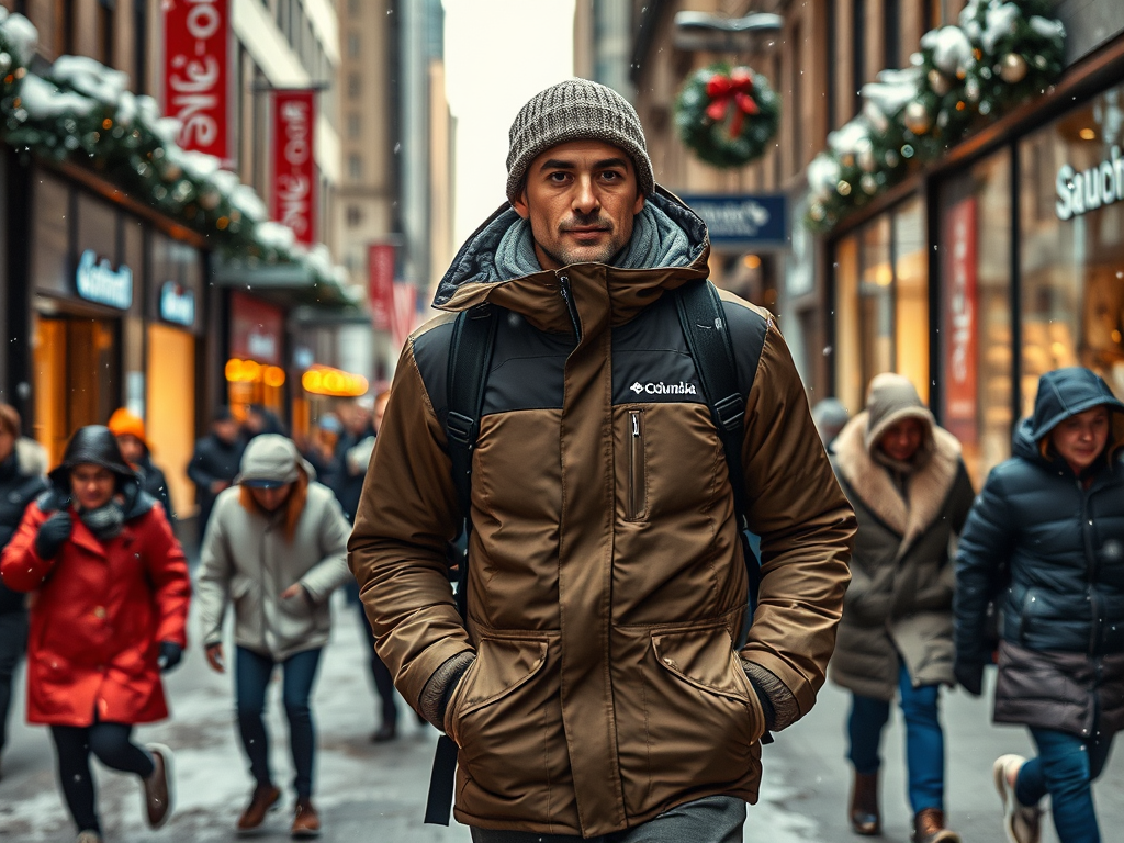 A man walks through a busy winter street, wearing a brown jacket and a beanie, as snow falls around him.