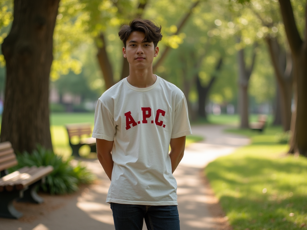 Young man in white t-shirt with "A.P.C." on it, standing in a lush park.