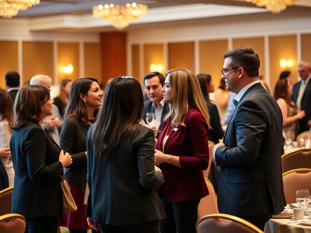 A group of professionals engaged in conversation at a social event in an elegant venue.