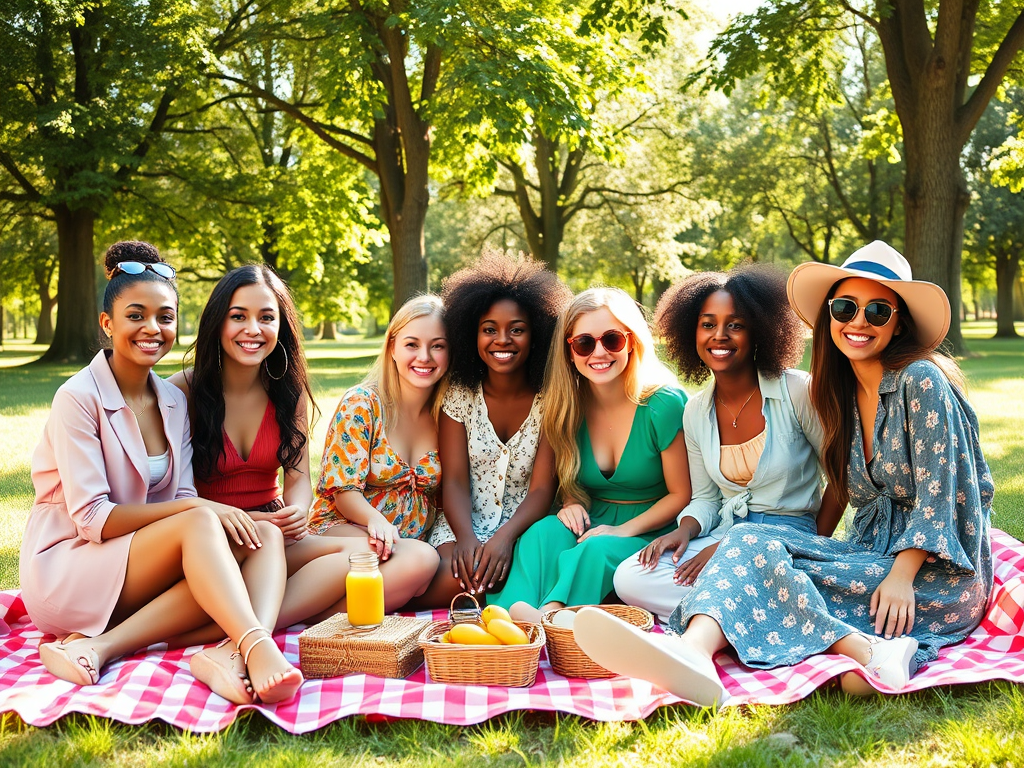 A group of seven women seated on a picnic blanket in a park, smiling and enjoying a sunny day outdoors.