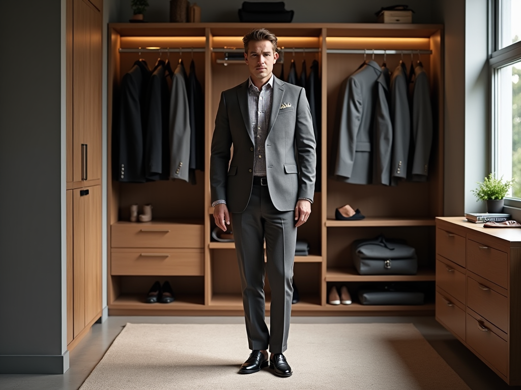 Man in a tailored gray suit standing in a luxurious walk-in closet.