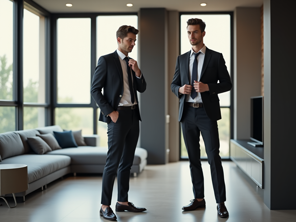 Two men in suits standing in a modern office space with large windows.