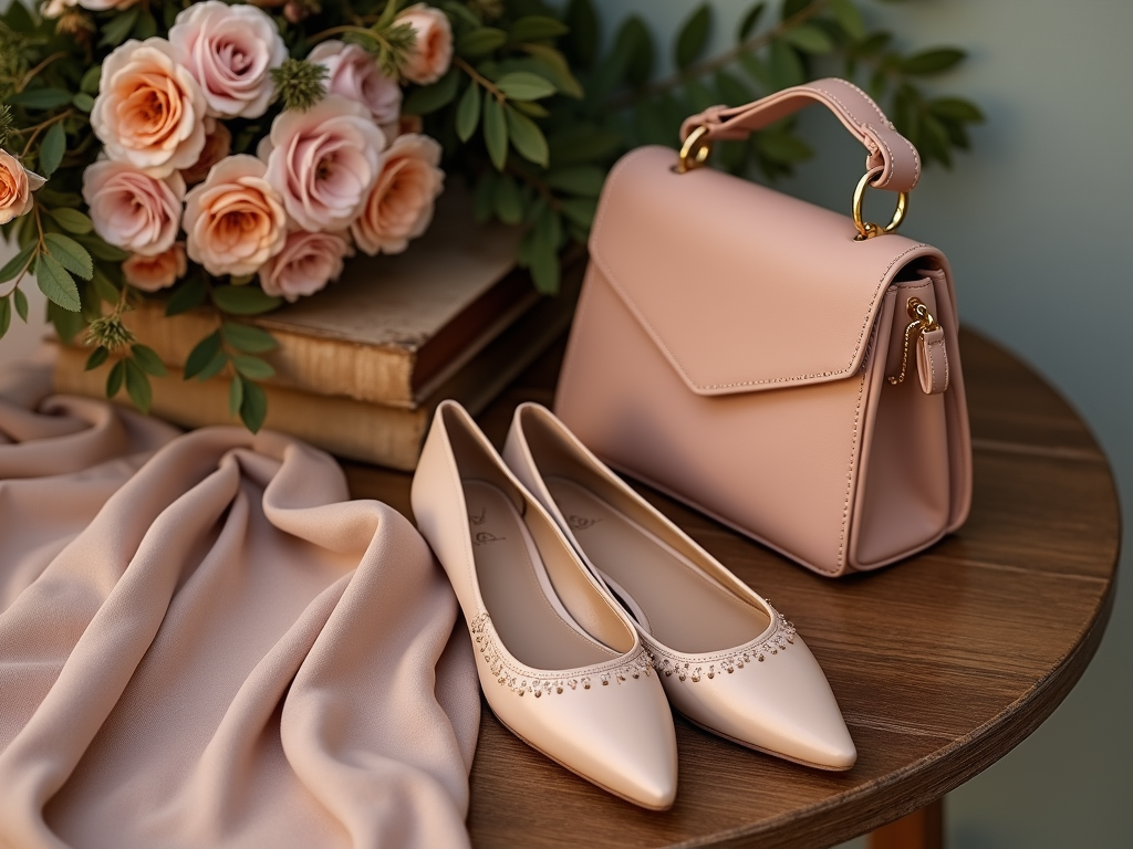 Elegant accessories display with pink heels, handbag, draped fabric, and roses on books.