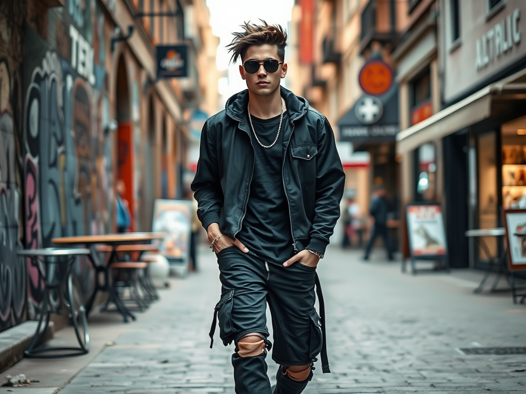 A young man in stylish black attire walks confidently down a graffiti-lined street, wearing sunglasses.