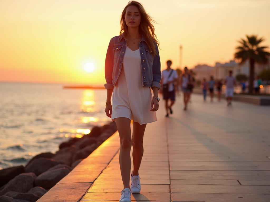 Woman walking along a seaside promenade at sunset, wearing a denim jacket and white dress.