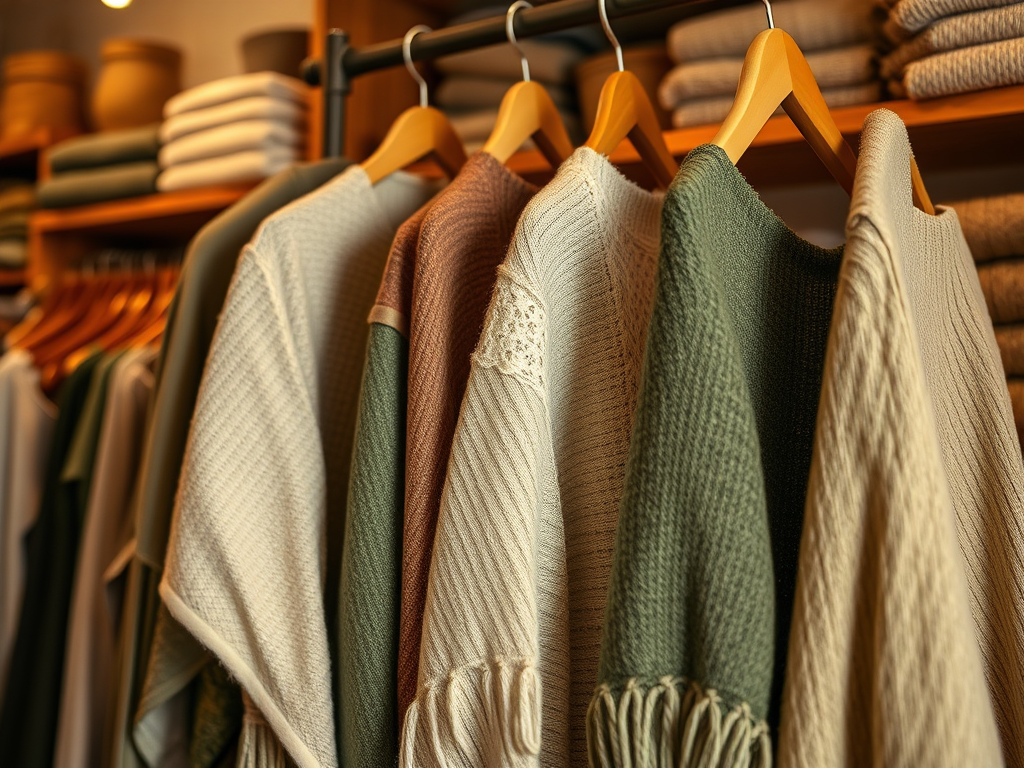 A display of sweaters in soft colors hanging on wooden hangers, with neatly folded towels in the background.