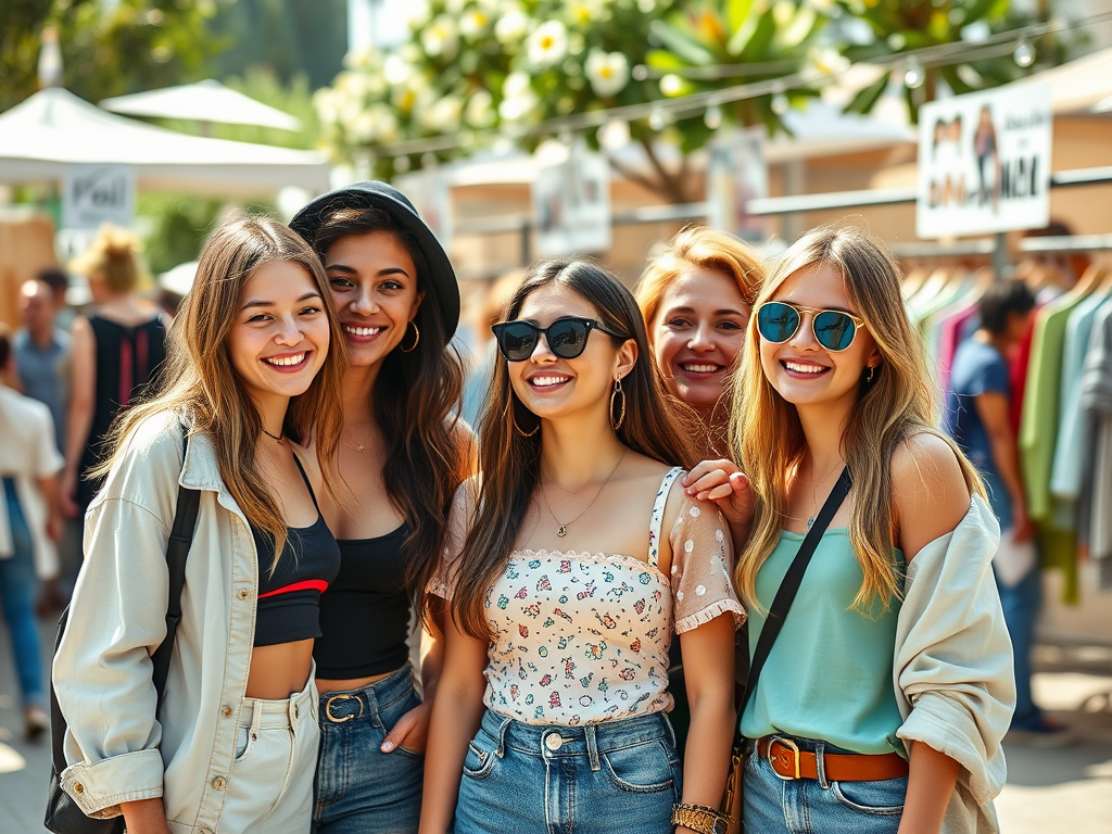 A group of five friends smiles together at an outdoor market, wearing stylish summer outfits and sunglasses.