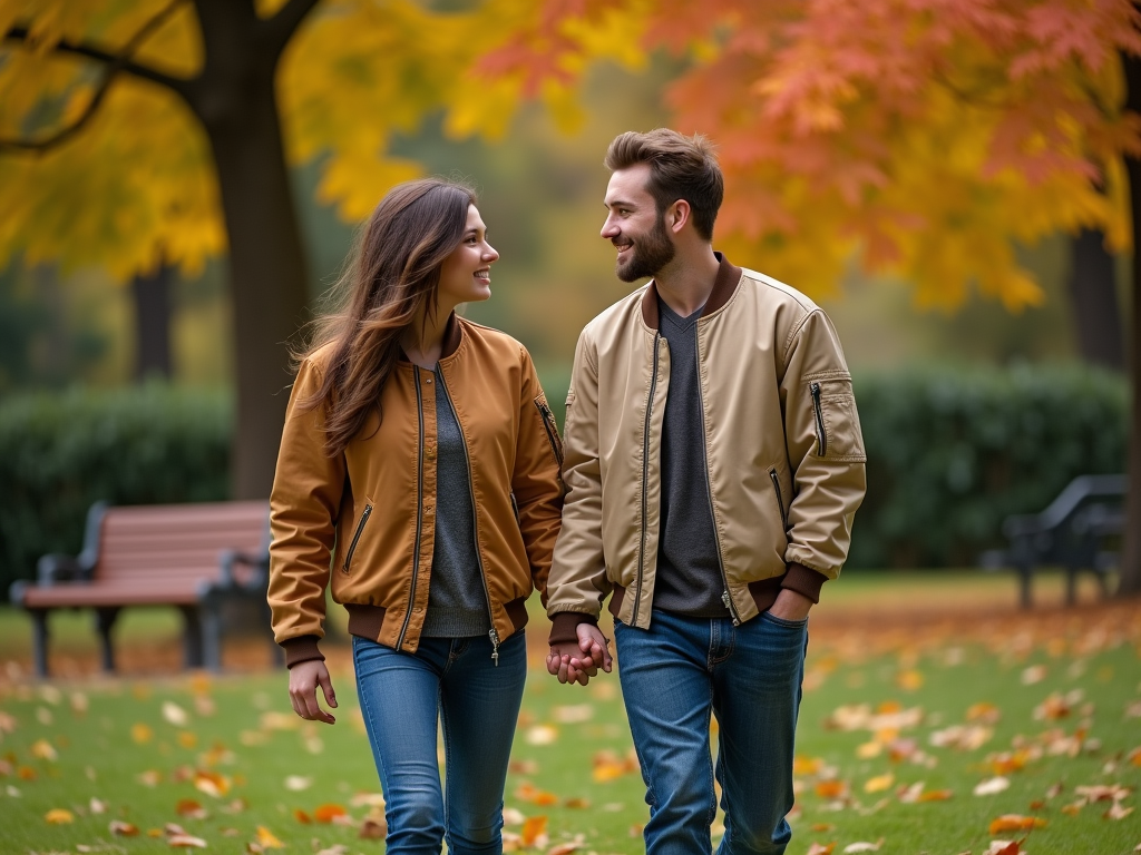 A couple holding hands and smiling at each other while walking in a park with autumn leaves.