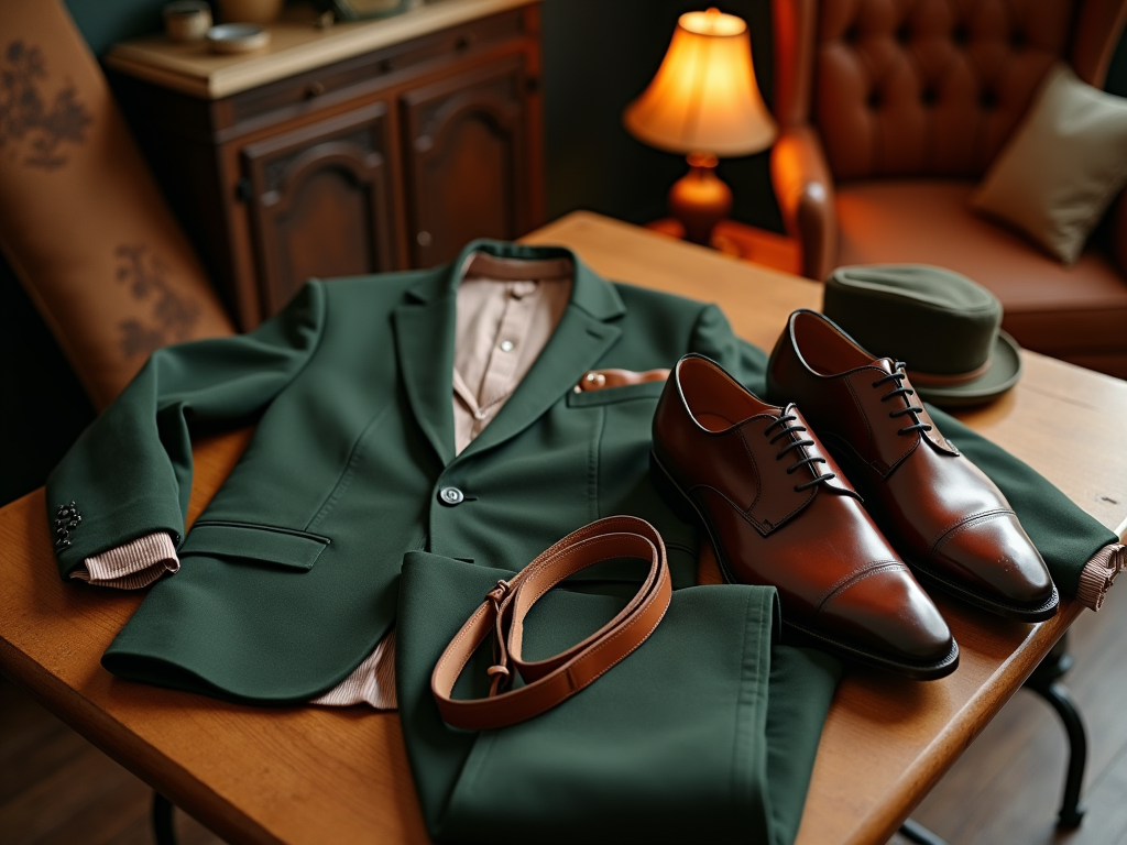 Elegant green suit, brown leather shoes, and accessories on a wooden table in a classic room setting.