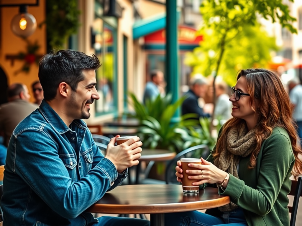 A man and woman sit at a café table, smiling and enjoying coffee, surrounded by greenery and outdoor ambiance.