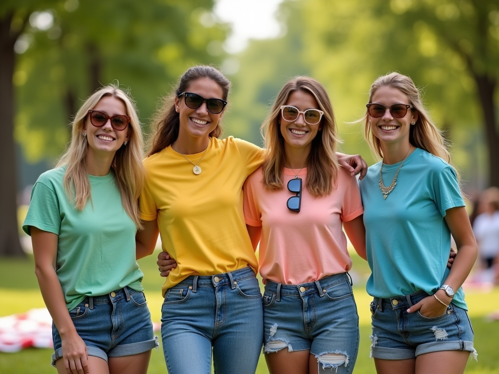 Four women in colorful t-shirts and denim shorts smiling in a sunny park.