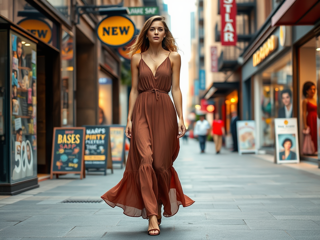 A young woman walks confidently down a lively street, wearing a flowing brown dress amidst shops and signs.