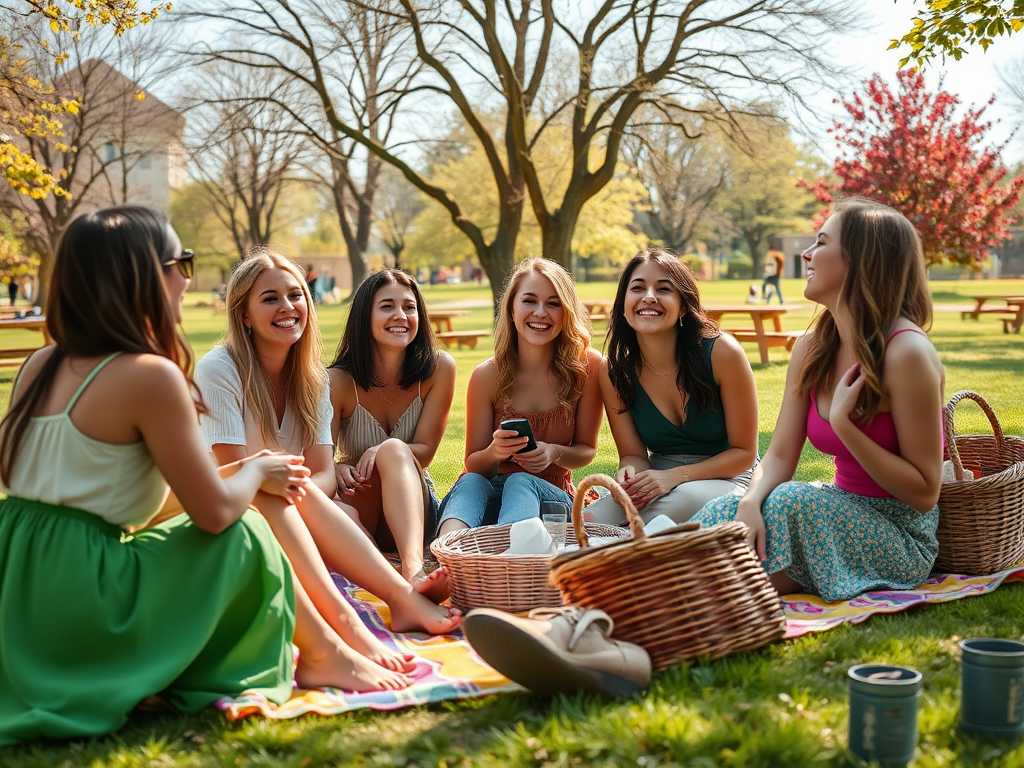 A group of six young women enjoying a picnic on a sunny day, sitting on a blanket with picnic baskets nearby.