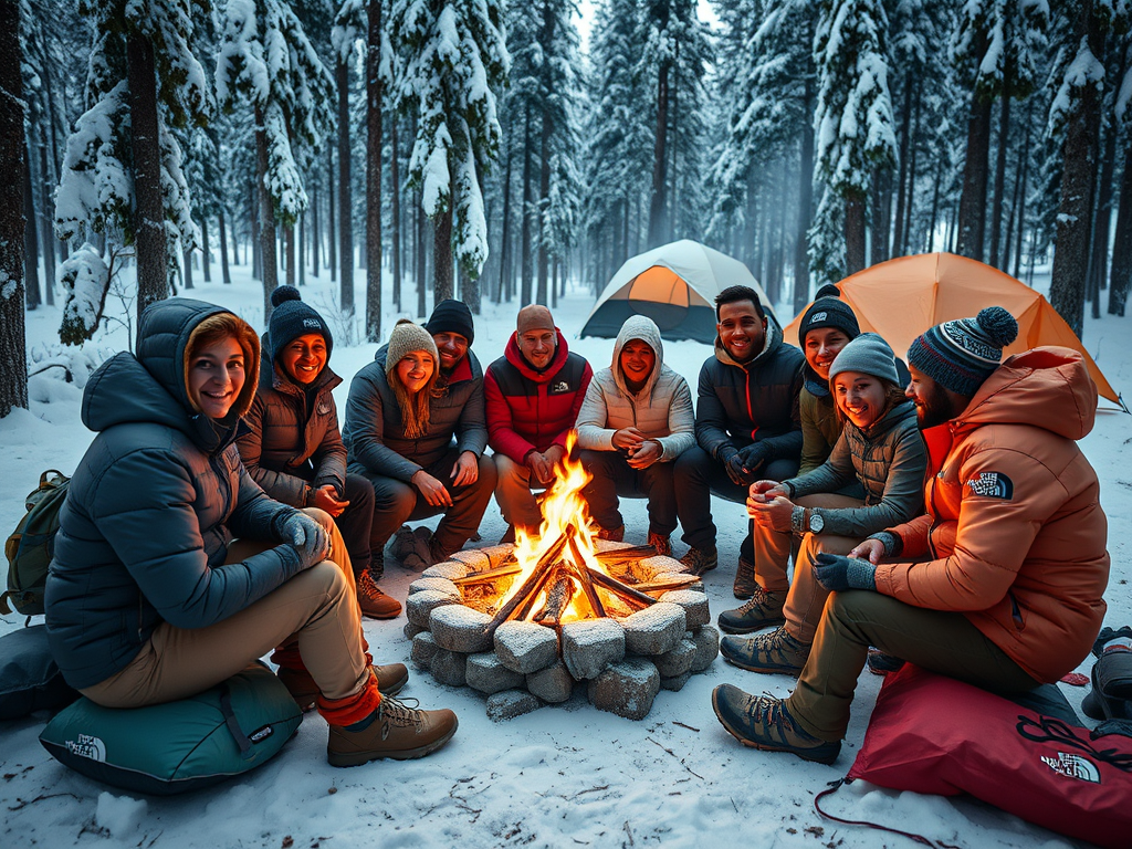 A group of friends smiles around a campfire in a snowy forest, with tents set up nearby.