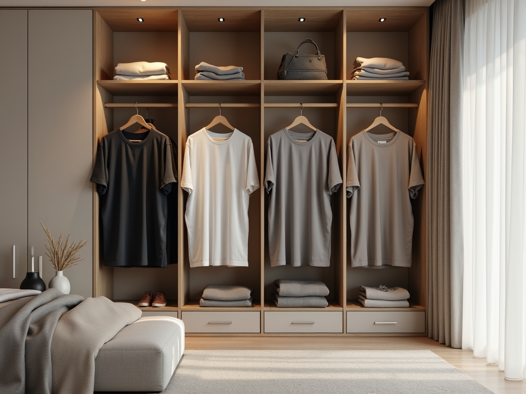 Neatly organized modern wardrobe with clothes and accessories, illuminated by natural light.