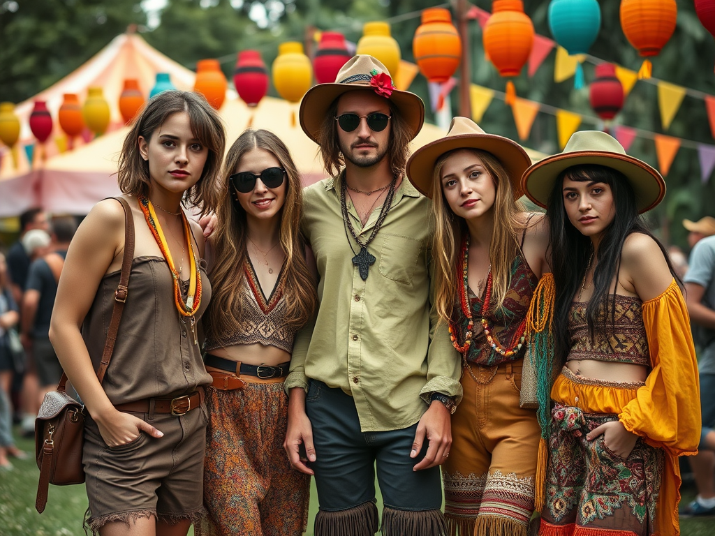 Five friends pose together in trendy festival outfits, surrounded by colorful lanterns and festive decorations.