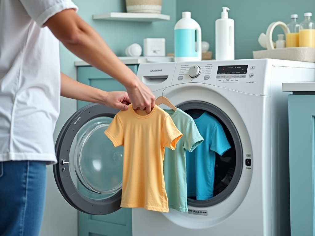 Person hanging clothes on a hanger by a washing machine in a laundry room.