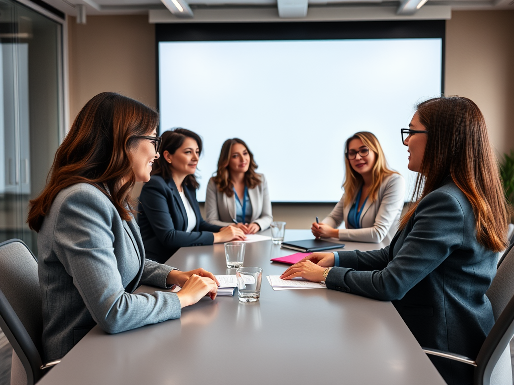 A group of five professional women in suits engaged in a meeting around a conference table.