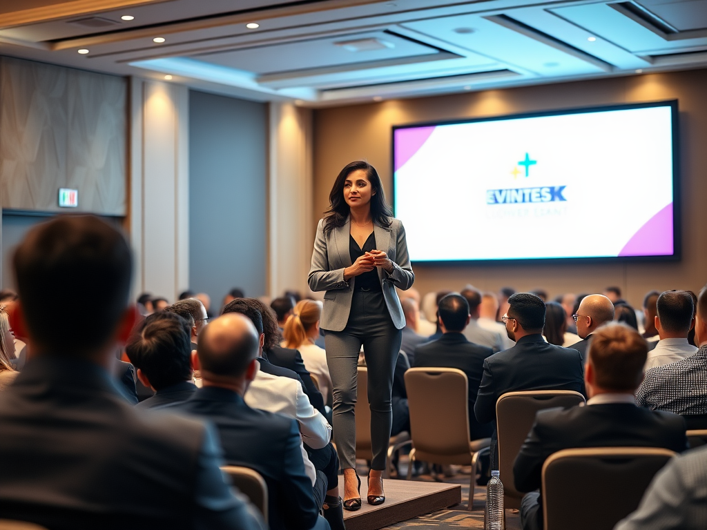 A woman in a suit speaks confidently to an audience in a conference room with a presentation screen behind her.