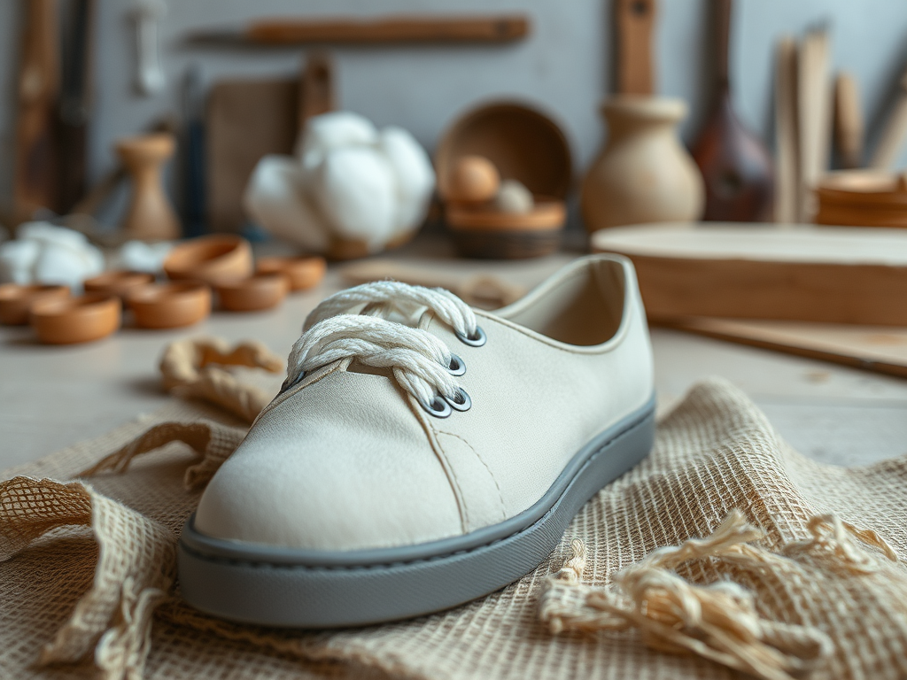 A close-up of a white sneaker resting on textured fabric, surrounded by artisanal tools and wooden items in the background.