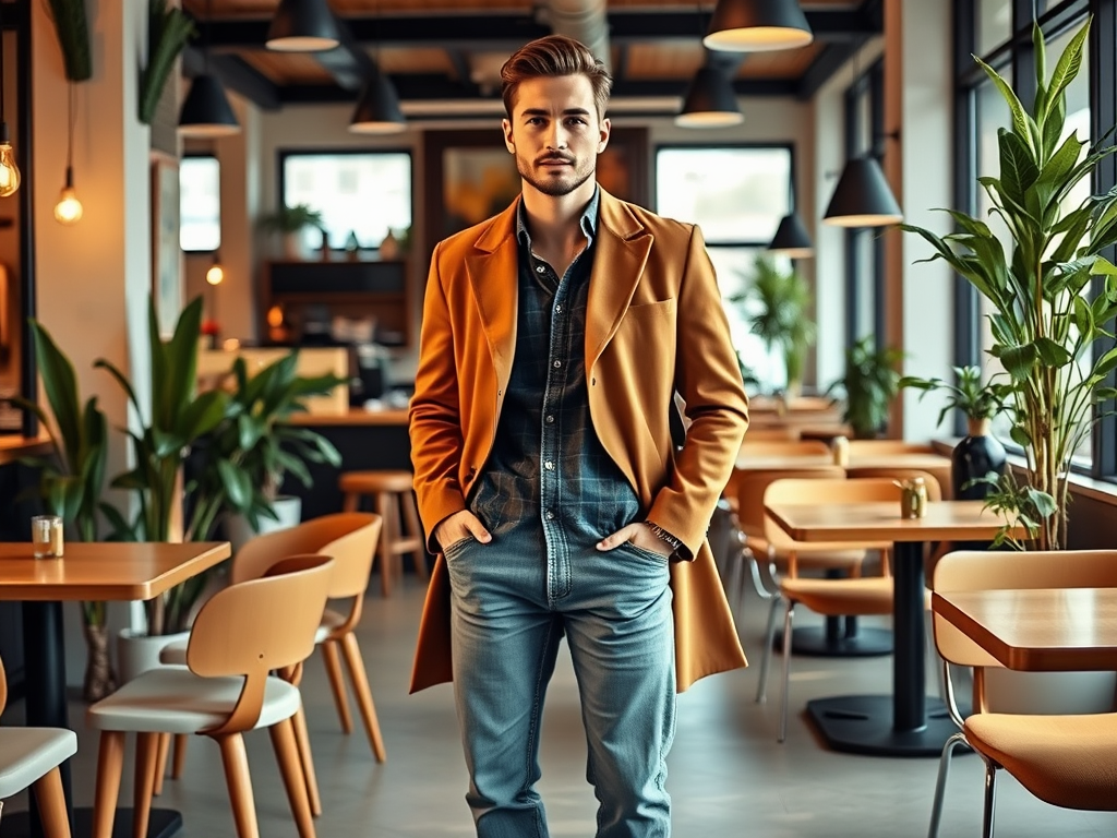 A stylish young man stands confidently in a modern cafe, wearing a brown coat and blue jeans, surrounded by greenery.