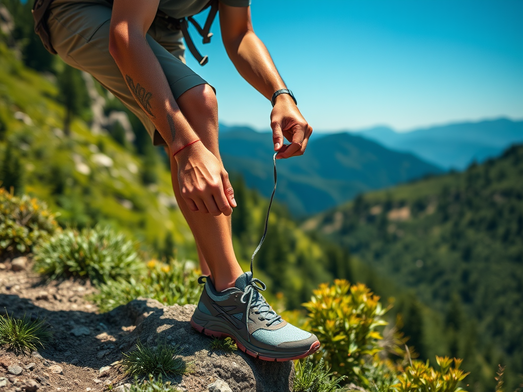A person in hiking gear ties their shoelaces while standing on a rocky trail with a scenic mountain backdrop.