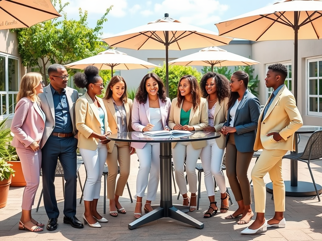 A diverse group of professionals in stylish suits collaborates around a table outdoors under sunny skies.