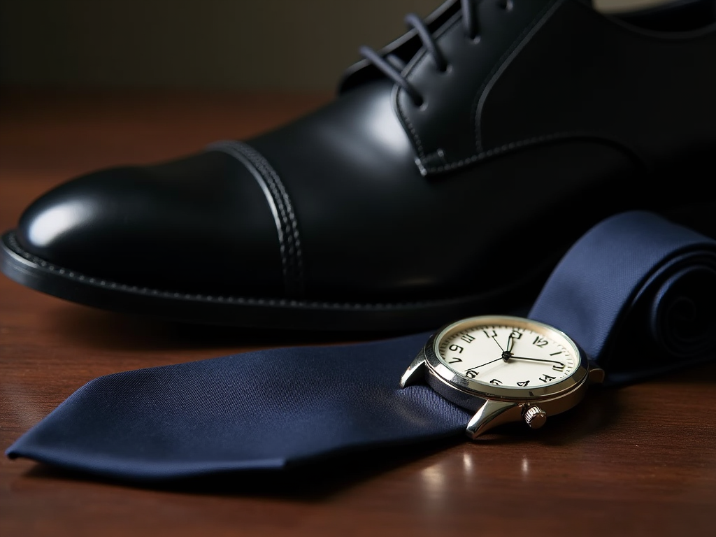 Elegant black dress shoe, vintage watch, and navy blue tie set on a wooden surface.