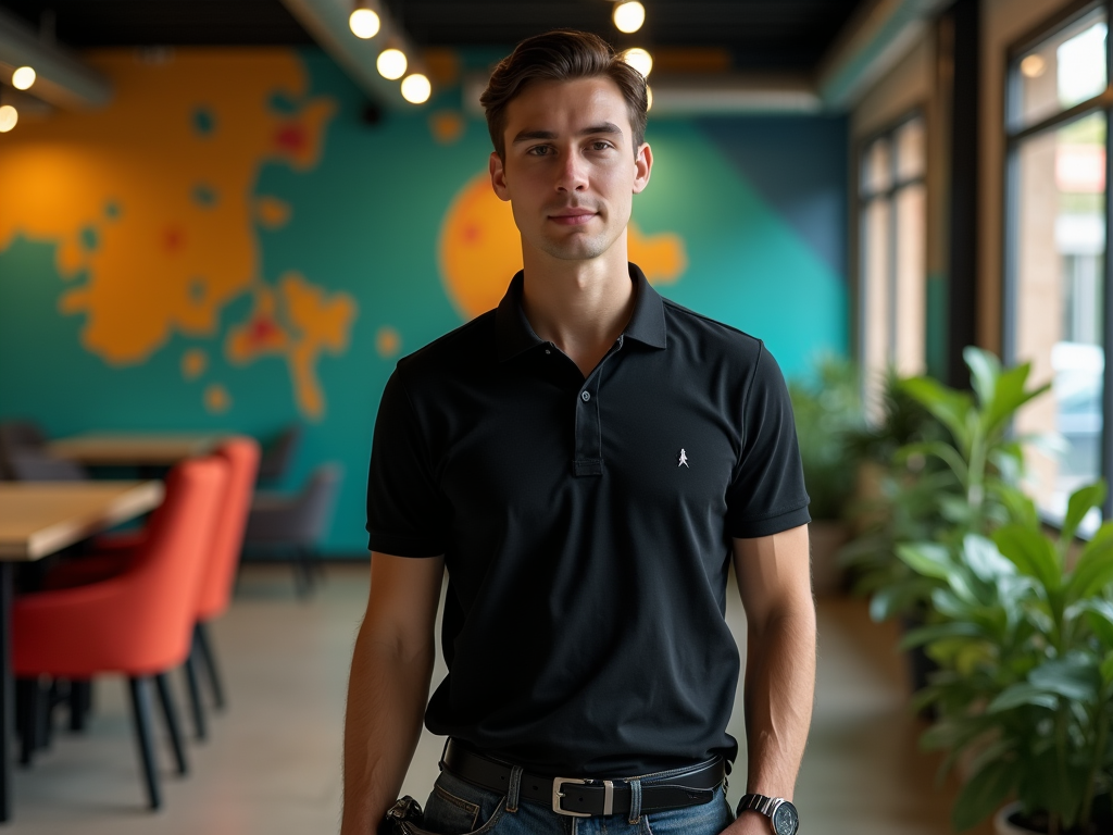 Young man in black polo shirt standing confidently in a colorful café.