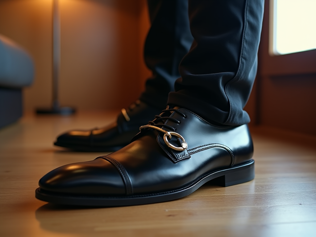 A person wearing sleek black dress shoes with zipper detailing, standing in a warmly lit room.