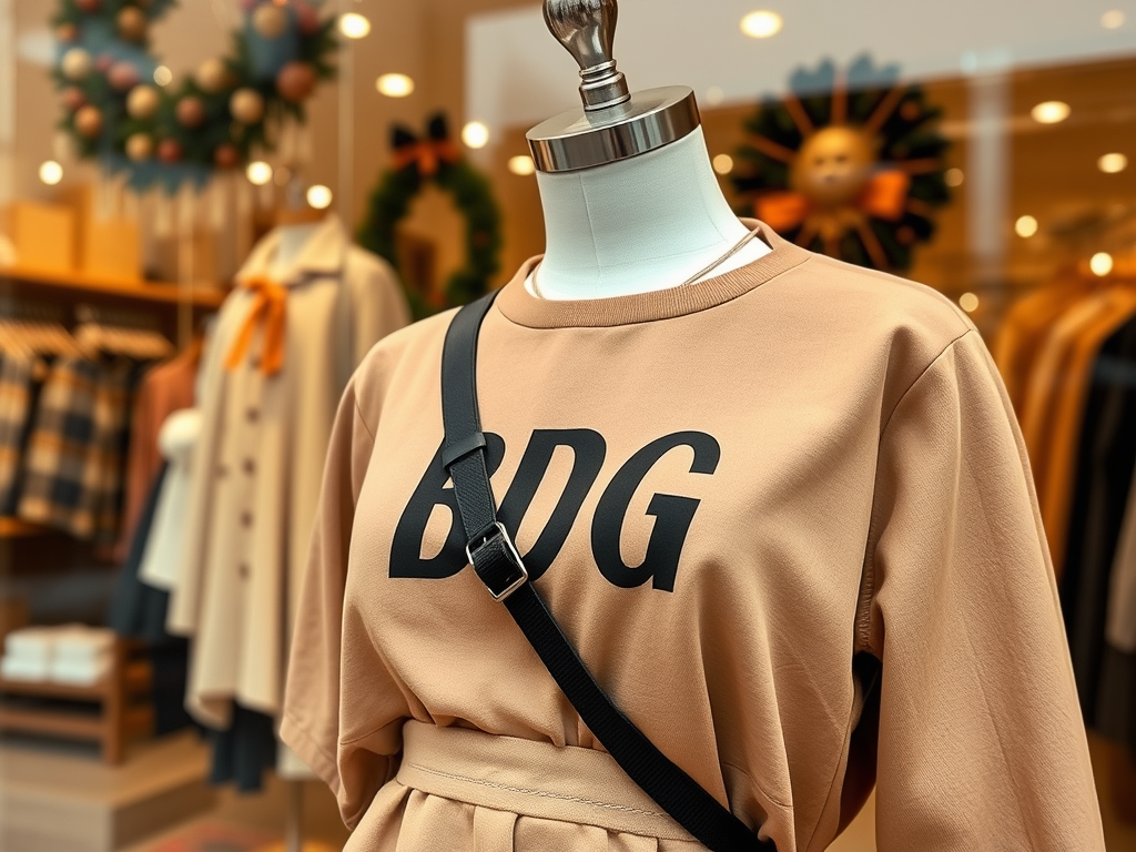 A mannequin displays a beige sweatshirt with "BDG" printed on it, set against a festive retail background.