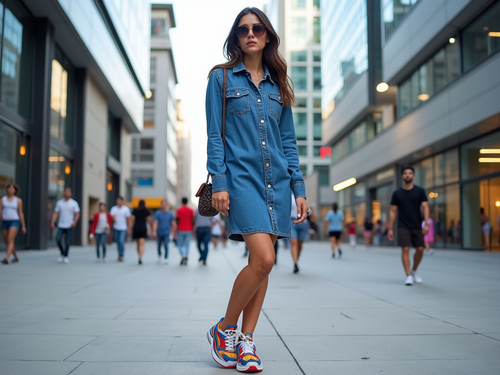 Fashionable woman in denim dress and colorful sneakers walking in a busy city street.