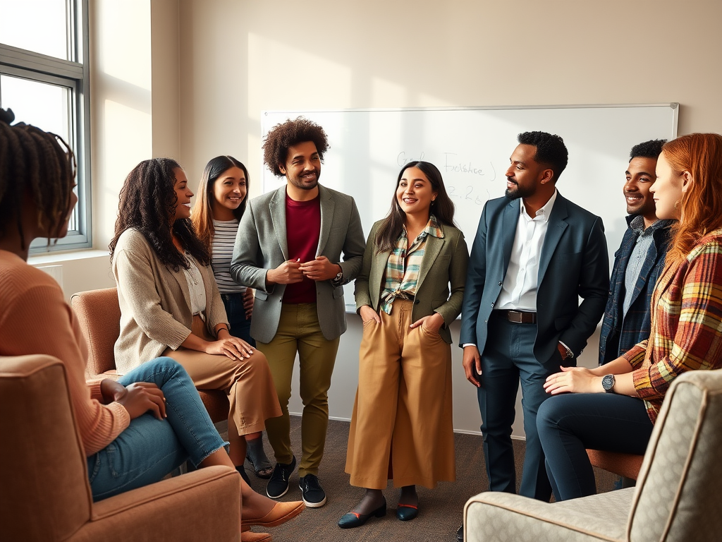 A diverse group of young adults engaged in a discussion, smiling and sharing ideas in a bright, modern setting.