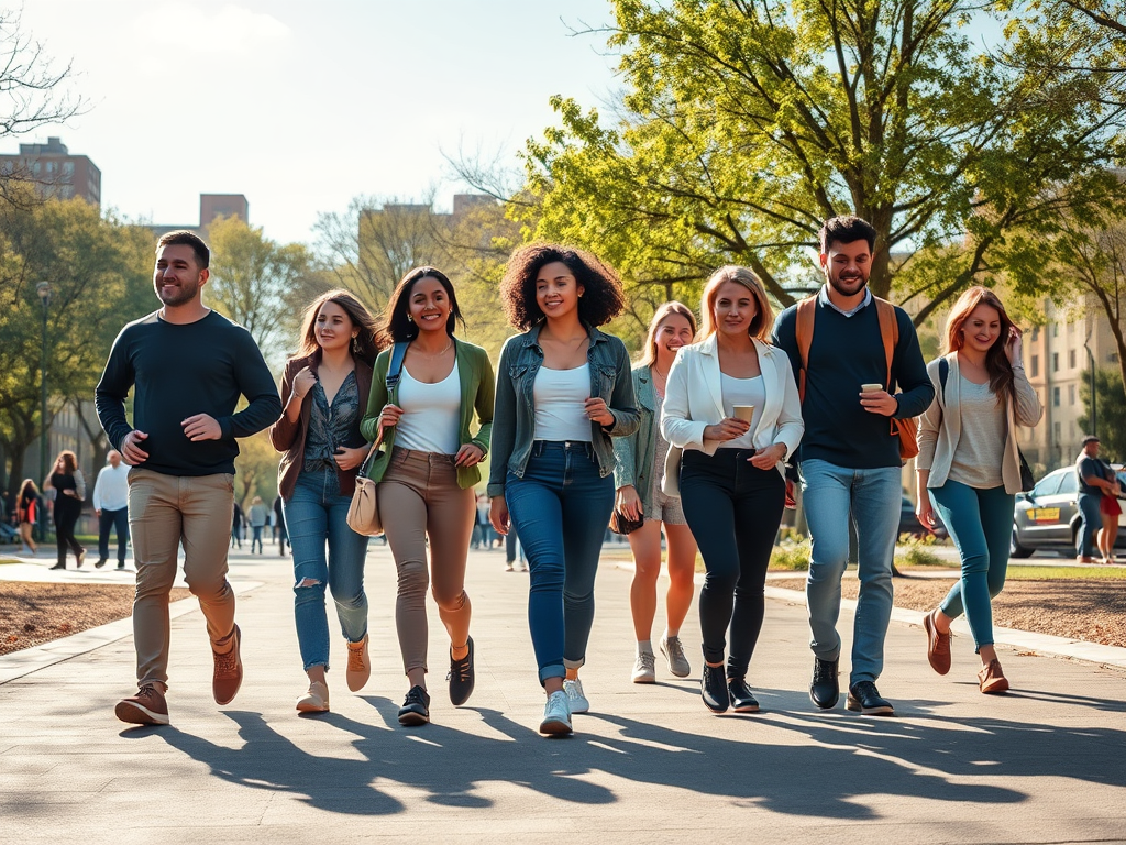 A group of eight young adults walks together down a sunny path lined with trees, enjoying each other's company.