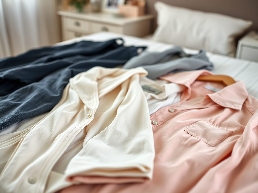 A bed with neatly arranged shirts in various colors: navy, gray, cream, and light pink. Soft lighting enhances the scene.