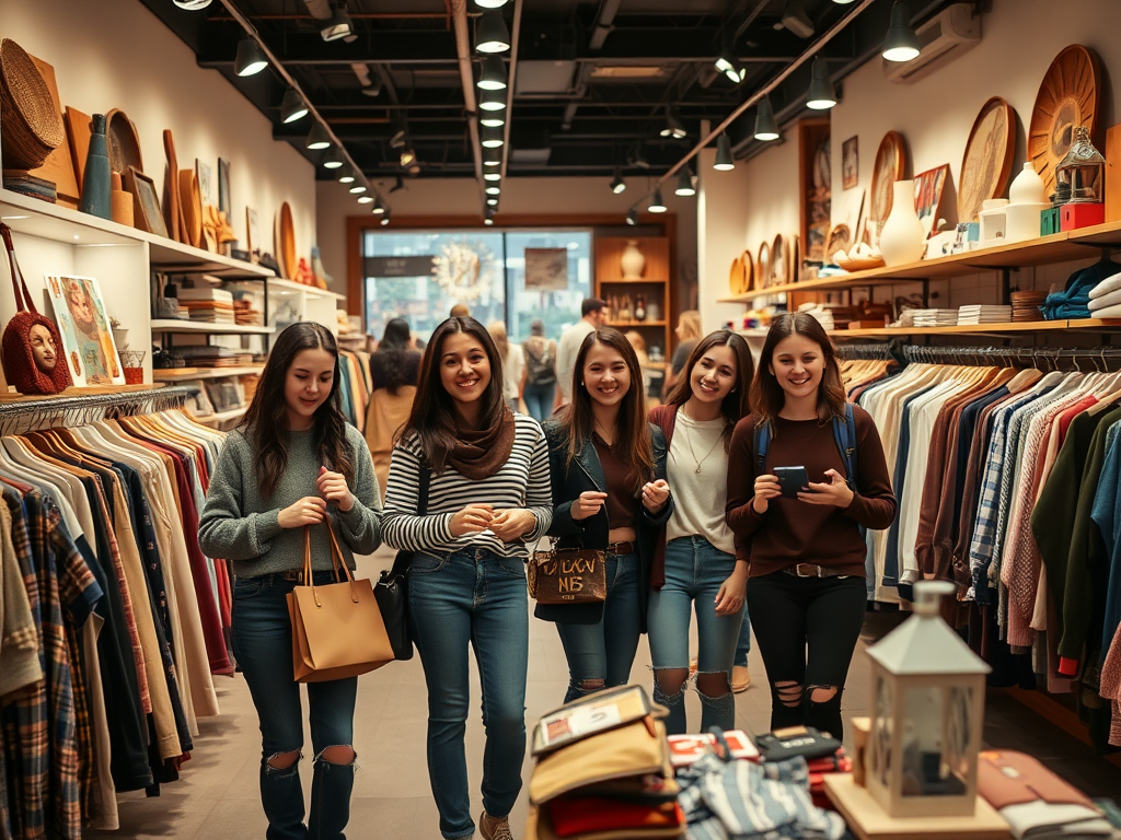A group of five young women smiles while shopping in a stylish store filled with clothes and decor.
